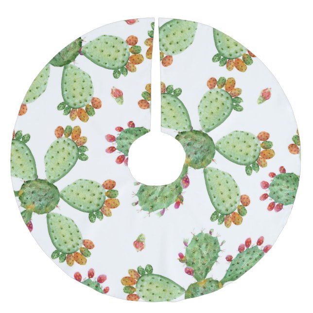 Watercolor Cacti: Tropical Garden Pattern. Brushed Polyester Tree Skirt (Front)