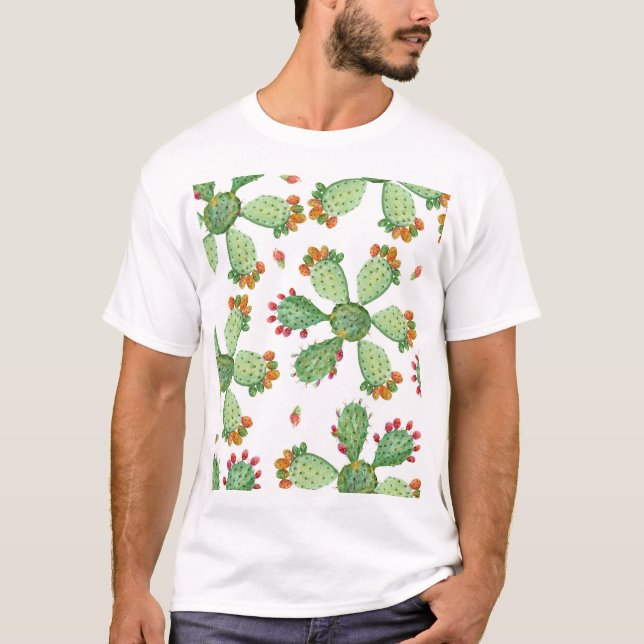 Watercolor Cacti: Tropical Garden Pattern. T-Shirt (Front)