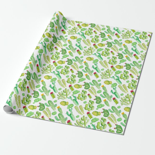 Watercolor Cacti Wrapping Paper (Unrolled)