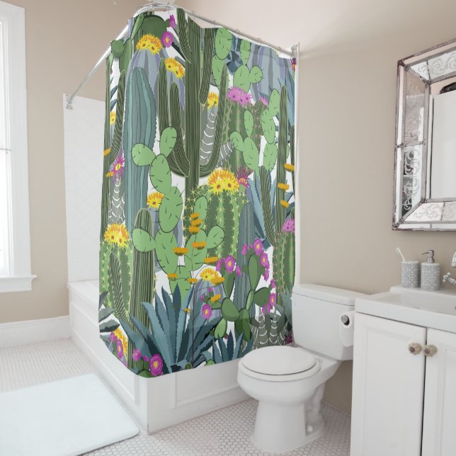 Watercolor Cactus and Cactus Flowers  Shower Curtain (In Situ)