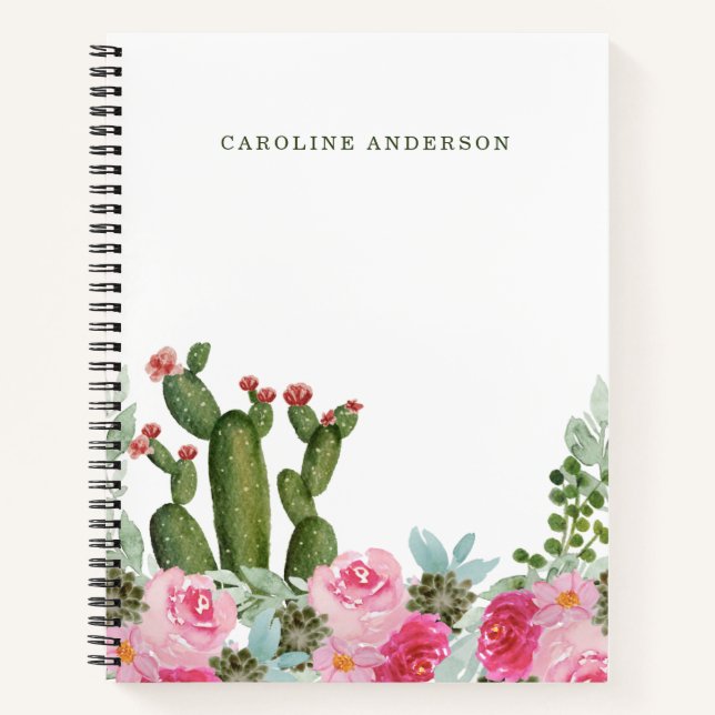 Watercolor Cactus and Pink Flowers Personalised  Notebook (Front)