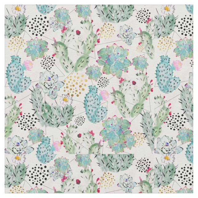 watercolor cactus and triangles pattern fabric (Close Up)