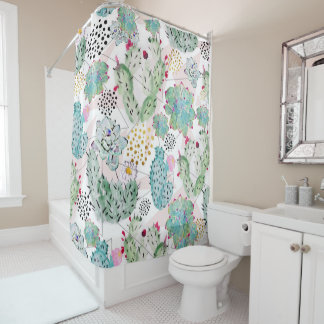 watercolor cactus and triangles pattern shower curtain