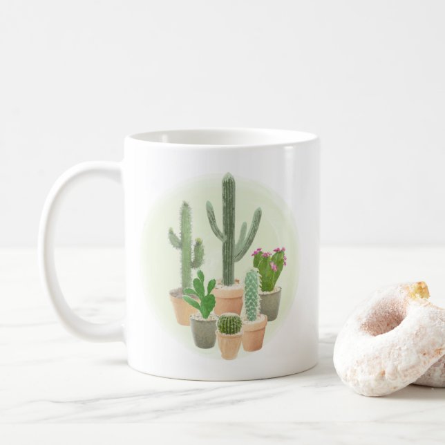 Watercolor Cactus Cacti Potted Plants Succulents Coffee Mug (With Donut)