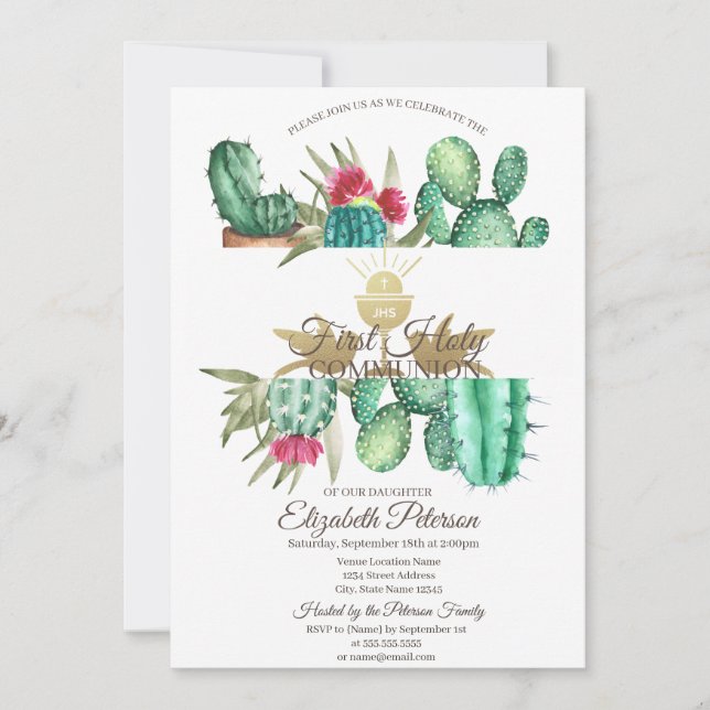Watercolor Cactus First Holy Communion   Invitation (Front)
