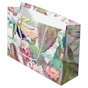 Watercolor cactus, floral and stripes design large gift bag