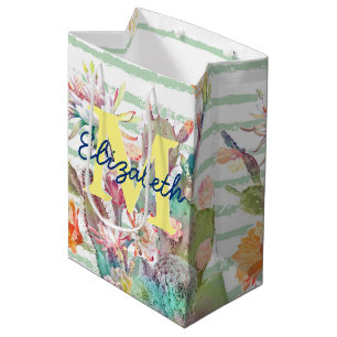 Watercolor cactus, floral and stripes design medium gift bag