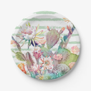 Watercolor cactus, floral and stripes design paper plate