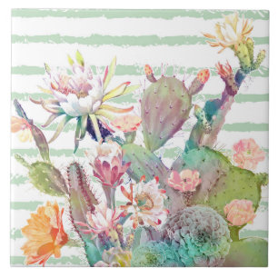 Watercolor cactus, floral and stripes design tile