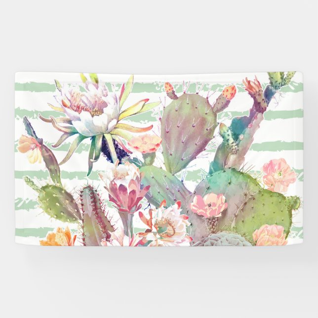 Watercolor Cactus Floral Stripes Design Banner (Horizontal)
