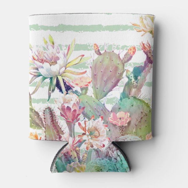 Watercolor Cactus Floral Stripes Design Can Cooler (Front)