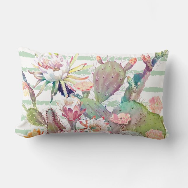 Watercolor Cactus Floral Stripes Design Lumbar Cushion (Front)