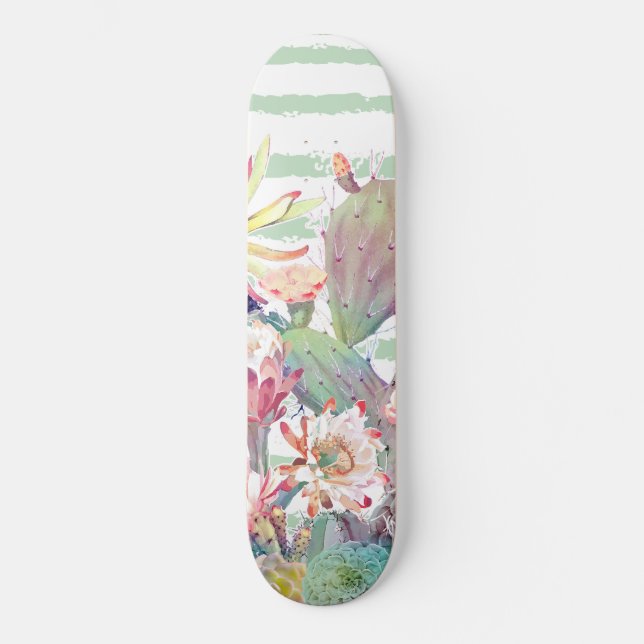 Watercolor Cactus Floral Stripes Design Skateboard (Front)