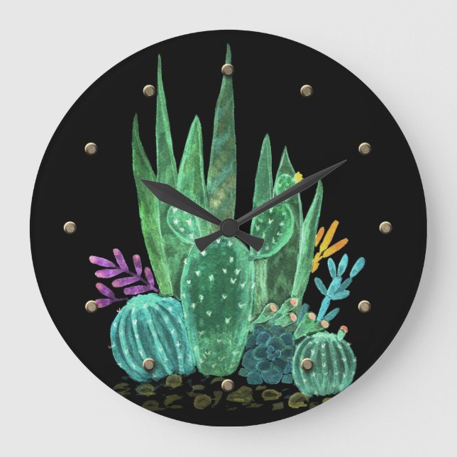 Watercolor, cactus, flowers large clock (Front)