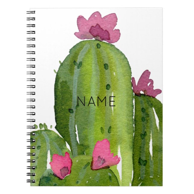 Watercolor Cactus Flowers NAME Green Pink White Notebook (Front)
