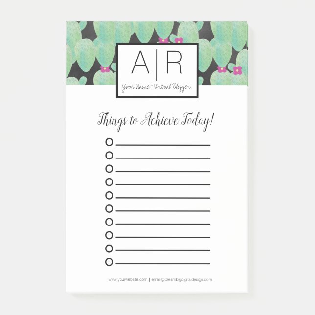 Watercolor Cactus Greenery Botanical Pattern Green Post-it Notes (Front)