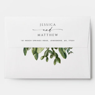 Watercolor cactus greenery modern script wedding envelope