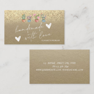 Watercolor Cactus Hearts Gold Glitter Kraft Business Card