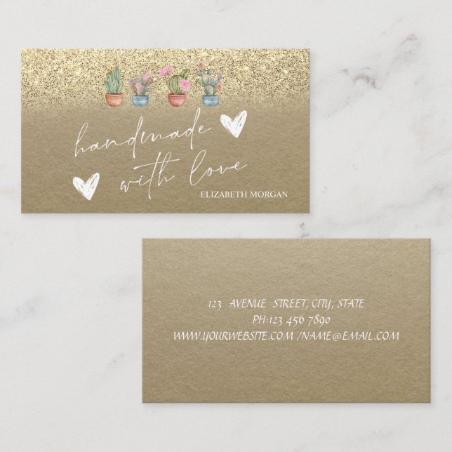 Watercolor Cactus Hearts Gold Glitter Kraft Business Card (Front/Back)