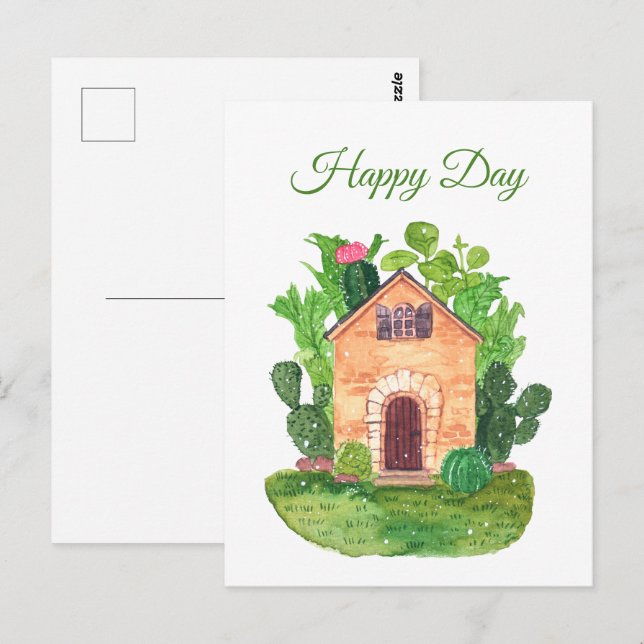 Watercolor Cactus House Greeting Postcard (Front/Back)