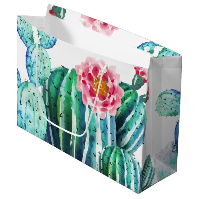 watercolor Cactus Large Gift Bag (Front Angled)