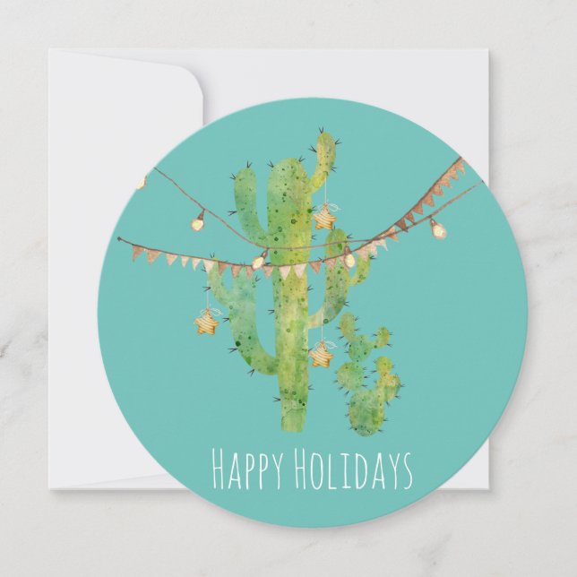 Watercolor Cactus & Lights Round Christmas Card (Front)