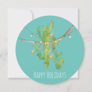 Watercolor Cactus & Lights Round Christmas Card
