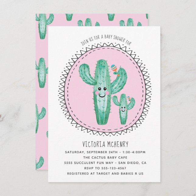 Watercolor Cactus Momma and Baby Shower Invitation (Front/Back)