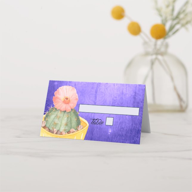 Watercolor Cactus Orange Bloom Wedding Place Card (Front)