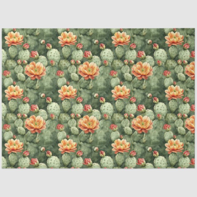 Watercolor Cactus Orange Flowers Pattern Decoupage Tissue Paper (Front)