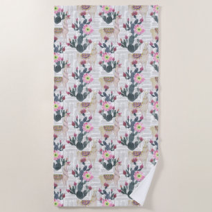 Watercolor Cactus Pattern Beach Towel