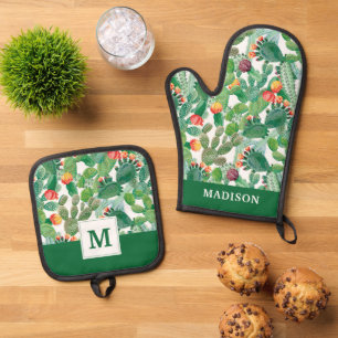 Watercolor Cactus Pattern Oven Mitt & Pot Holder Set