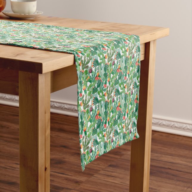 Watercolor Cactus Pattern Short Table Runner (In Situ)