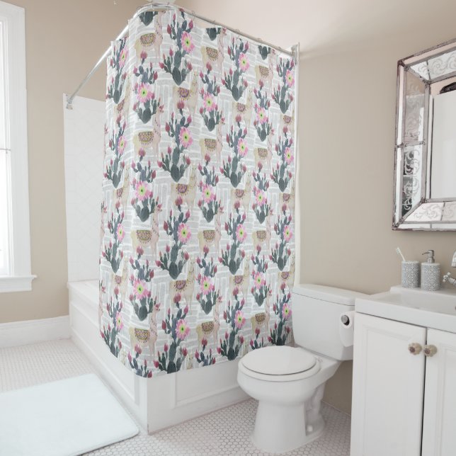 Watercolor Cactus Pattern Shower Curtain (In Situ)