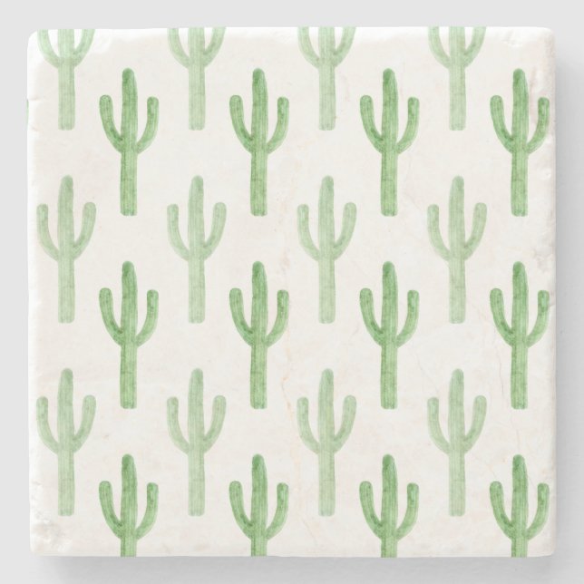 Watercolor Cactus Pattern Stone Coaster (Front)