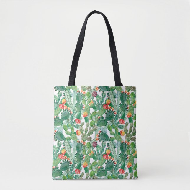 Watercolor Cactus Pattern Tote Bag (Front)