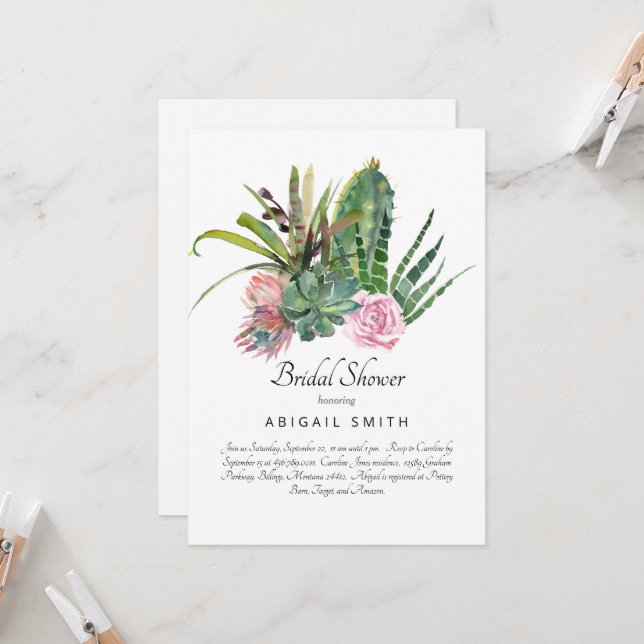 Watercolor Cactus Pink Floral White Bridal Shower  Invitation (Front/Back In Situ)