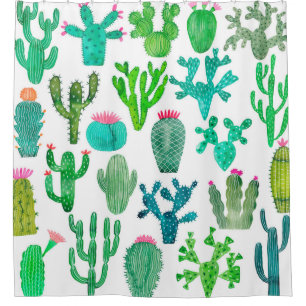 Watercolor cactus plant set, cacti flower illustra shower curtain