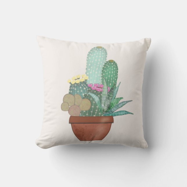 Watercolor Cactus Plant Yellow Pink Flowers Cushion (Front)
