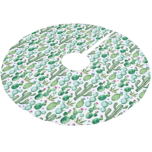 Watercolor Cactus Plants Pattern Brushed Polyester Tree Skirt (Angled)