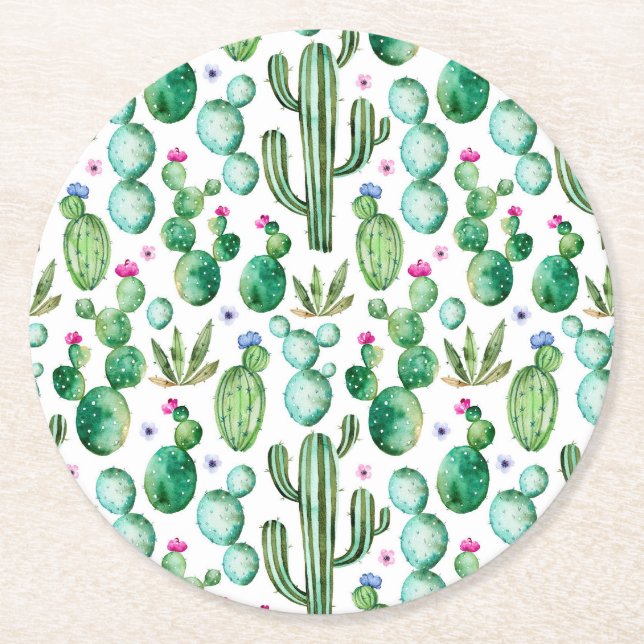 Watercolor Cactus Plants Pattern Round Paper Coaster (Front)