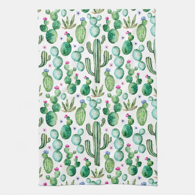 Watercolor Cactus Plants Pattern Tea Towel (Vertical)
