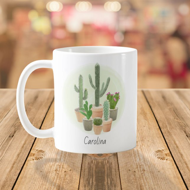 Watercolor Cactus Plants Succulents Custom Name Coffee Mug (Creator Uploaded)