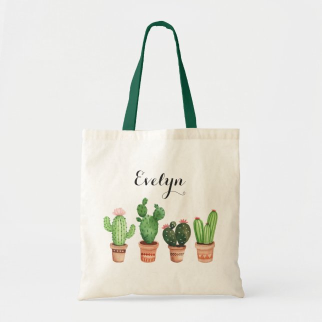 Watercolor Cactus Pot Blush Floral Tote Bag (Front)