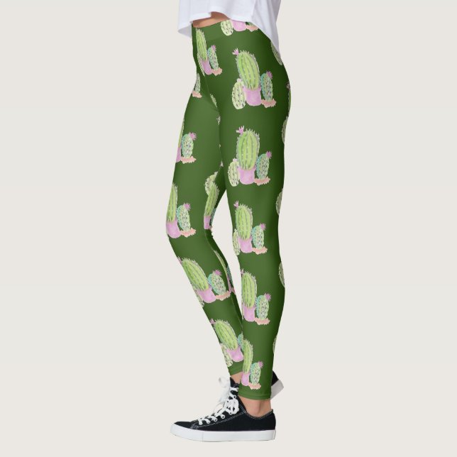 Watercolor Cactus Pot Plant Pattern Leggings (Left)