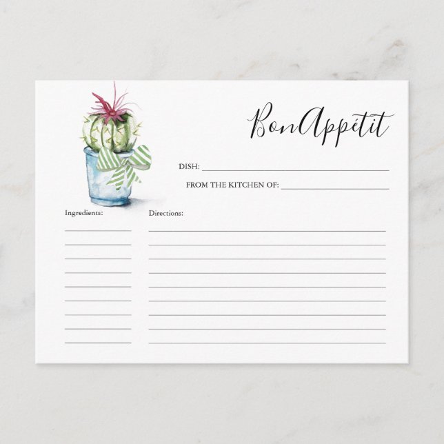 Watercolor Cactus Recipe Card (Front)