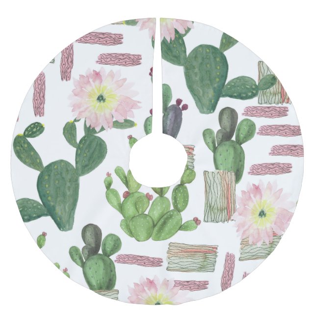 Watercolor Cactus Seamless Painting Pattern Brushed Polyester Tree Skirt (Front)