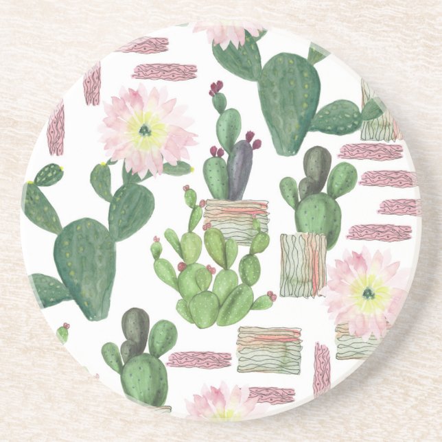Watercolor Cactus Seamless Painting Pattern Coaster (Front)