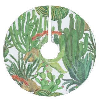 Watercolor Cactus: Seamless Pattern Painting Brushed Polyester Tree Skirt