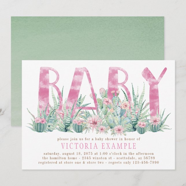 Watercolor Cactus Succulent Baby Girl Shower Invitation (Front/Back)